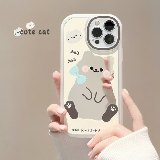 MUQGEW Stoßfeste iPhone Schutzhülle mit Cartoon-Katze und integriertem Make-up-Spiegel in Multicolour - Bild 1