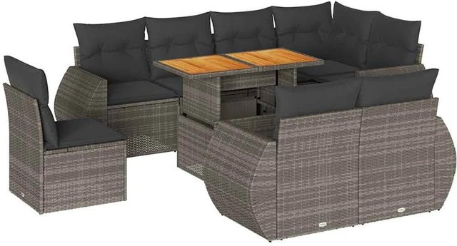 vidaXL 9-tlg. Garten-Sofagarnitur in L-Form aus Poly-Rattan und Akazienholz in Grau mit Kissen - Bild 1
