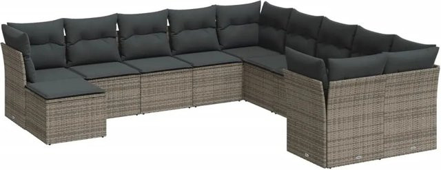 vidaXL 11-tlg Garten-Sofagarnitur in L-Form aus grauem Poly Rattan mit Kissen und Ottoman - Bild 1