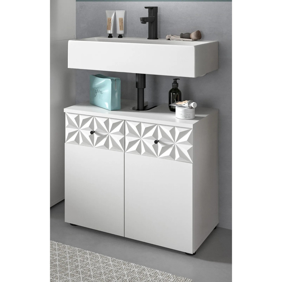 Inn.Furn Waschbeckenunterschrank Relief in Weiß Hochglanz mit Türen und Regalfach, Breite: 60 cm - Bild 4