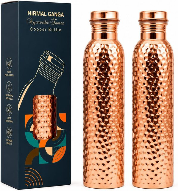 TANIRIKA HANDICRAFT Nirmal Ganga Gehämmertes Kupferflasche 2er-Pack, Gold/Braun, 1 l - Bild 1