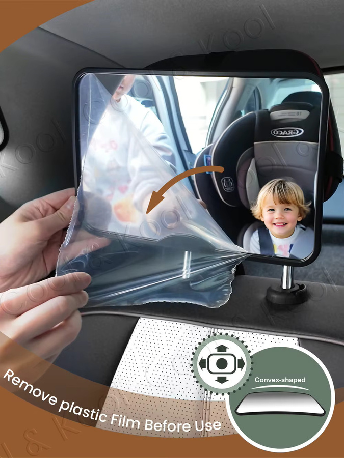 Kisslanding Babyautospiegel in Grau und Schwarz, extra groß und bruchsicher mit UV-blockierendem Gurtband für maximale Sicherheit - Bild 5
