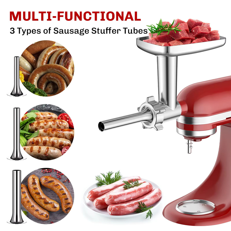 Gvode Metall-Fleischwolf-Aufsatz für KitchenAid Standmixer in Silber mit 4 Mahlplatten, 3 Wurstfüllern und 2 Klingen - Bild 3