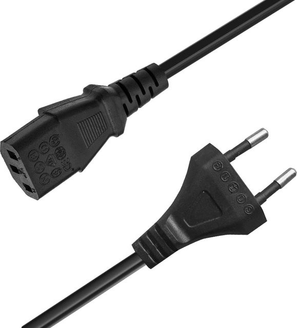 EU-Netzkabel mit 2-poligem EU-Stecker auf IEC 320 C13, 2 x 0,75 mm2 Kupferleiter, Schwarz - Bild 1