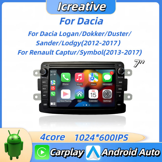 Icreative Android Autoradio mit Carplay und GPS Navigation für Dacia Logan Dokker Sandero Lodgy sowie Renault Captur Symbol in Schwarz - Bild 1