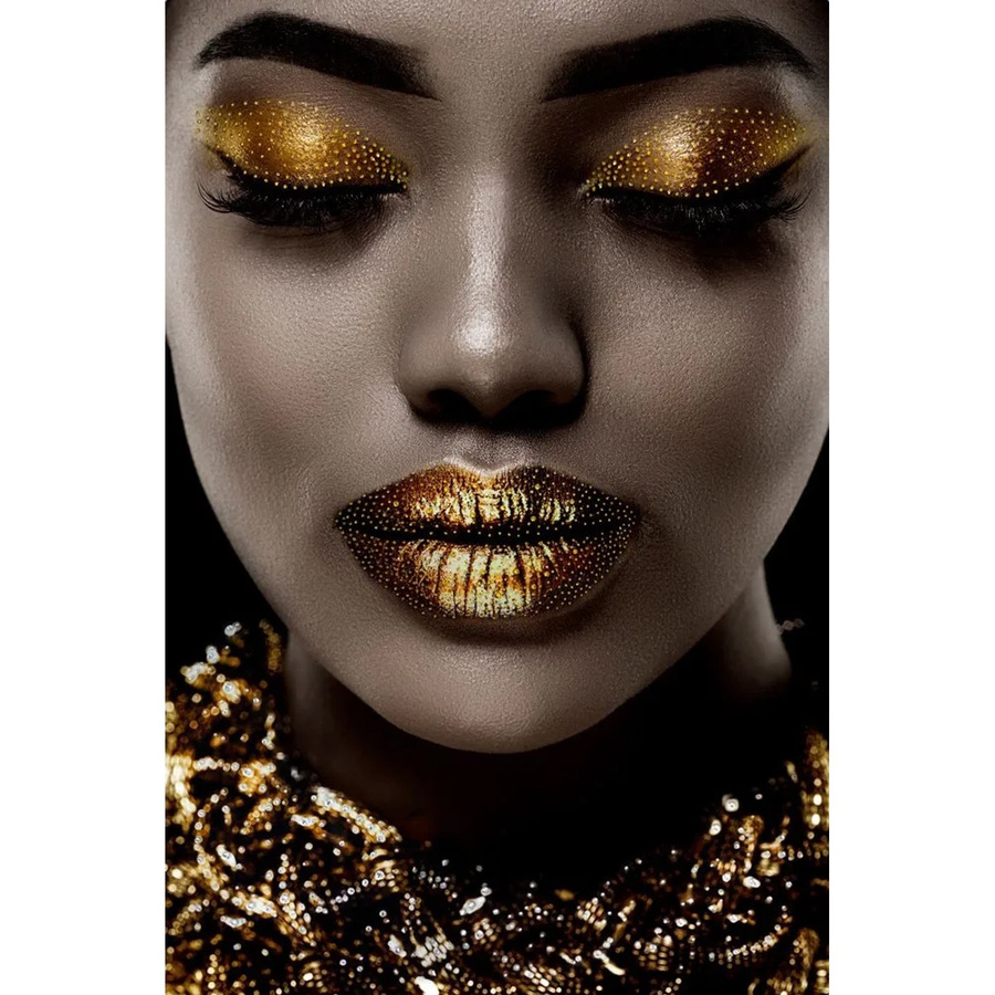 Art Universe Glasbild Goldenes Augen und Lippen-Make Up in Gold, abstraktes Porträt, Breite: 80 cm, Höhe: 120 cm - Bild 2
