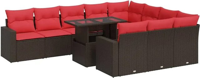 vidaXL 11-teilige Garten-Sofagarnitur in L-Form aus braunem Poly-Rattan und Akazie mit UV-beständigen Kissen - Bild 1