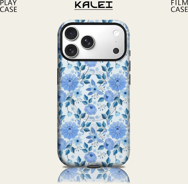 Potdemiel Robuste Handyhülle mit hellblauen Blumenranken für iPhone 17 16 15 14 13 Pro Max Plus mit Magnetfunktion - Bild 1