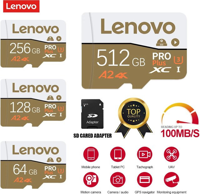 Lenovo Micro SD Speicherkarte UHS-I U3 A2 Klasse 10 mit 128 GB für Smartphone, GoPro und DJI - Bild 1
