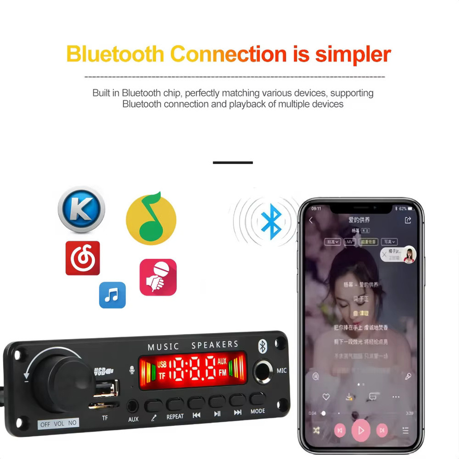 Kebidu Bluetooth MP3 Decoder Board mit 50W Verstärker, USB, TF und FM Radio, Freisprecheinrichtung für Auto Audio, Schwarz - Bild 4