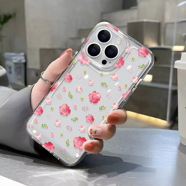 Transparente Handyhülle mit rosa Kirschblüten-Druck für Apple iPhone 11 bis 17 Pro Max, kratzfeste Schutzhülle in Pink und Transparent - Bild 1
