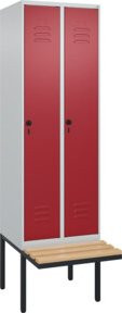 C+P Spind Classic PLUS Garderobenschrank mit Sitzbank, 2 Abteile, B/T/H: 212 x 60 x 81,5 cm, Sicherheits-Drehriegel, 4 Garderobenhaken, mittige Trennwand, auskragende Sitzbank, Stahl und Buche-Hartholz - Bild 1