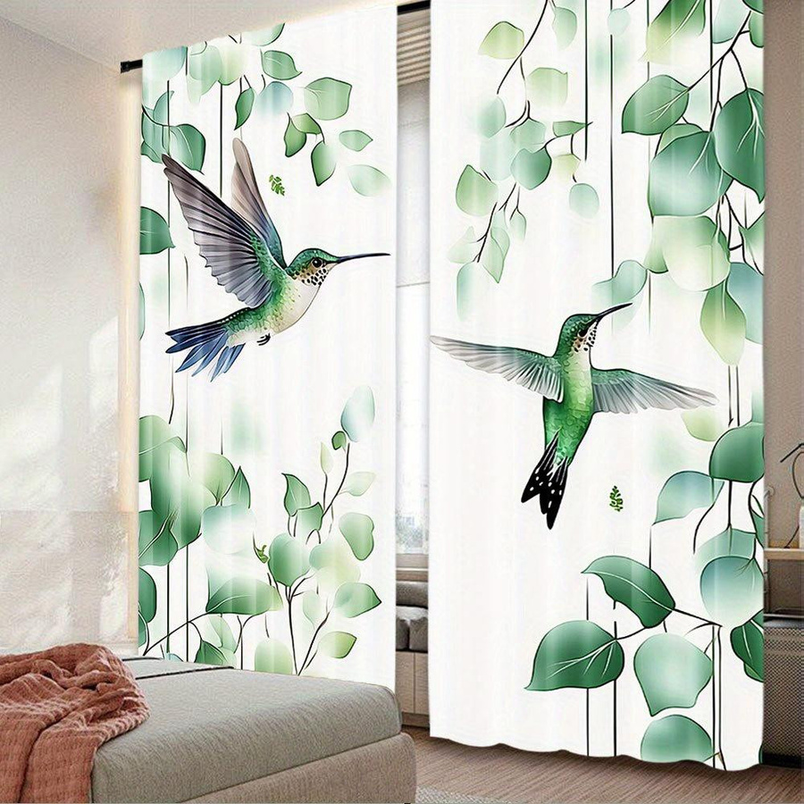 2-teiliges Set lichtfilternde Vorhangpaneele von Household supplies MH mit Kolibri- und Blumendruck aus Polyester in Multicolour, Breite: 100 cm, Höhe: 130 cm - Bild 1