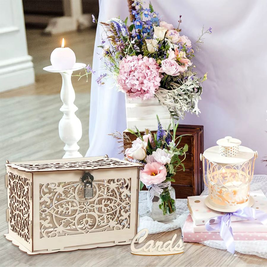Huiran Holzene Hochzeitskartenbox mit Schloss und Blumenmuster in Braun - Bild 4