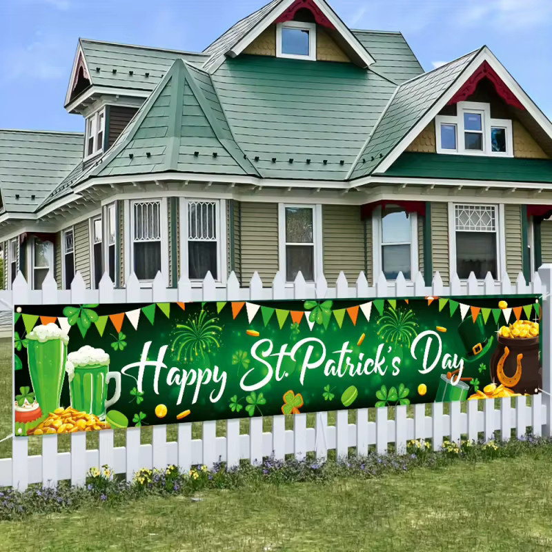 VIKAMA St. Patrick's Day Banner Wandteppich mit irischer Goldkanne in Gold und Grün für Außenbereich und Gartenparty, B: 150 cm, H: 40 cm - Bild 2
