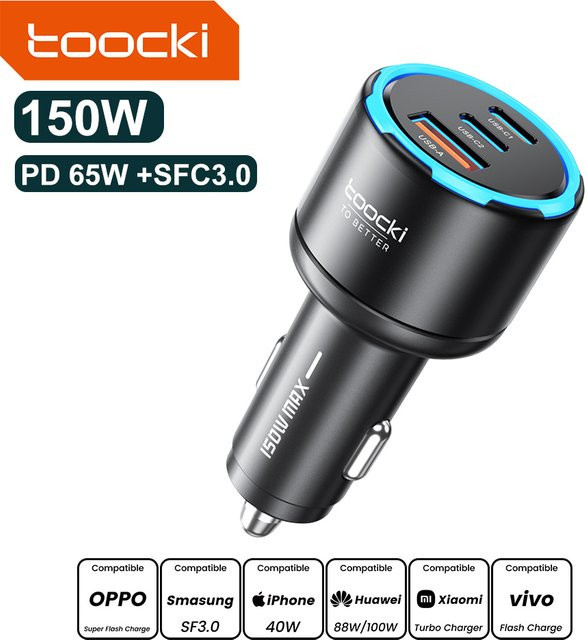 Toocki 150W USB-C Auto-Ladegerät in Schwarz mit PD3.0, PPS und SFC3.0 für schnelles Laden von iPhone, Samsung, Xiaomi und Huawei - Bild 1