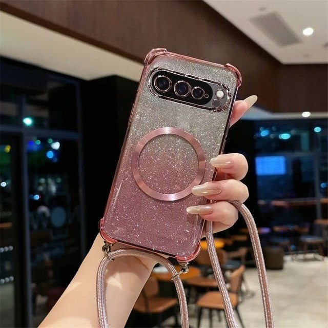 Luxuriöse galvanisierte Glitzer-Umhängetasche mit Trageband und MagSafe-Unterstützung für Google Pixel 10 9 8 7 6 Pro XL A in Silber - Bild 1