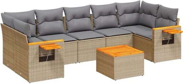 vidaXL 8-teilige Garten-Sofagarnitur in L-Form aus PE-Rattan und Akazienholz mit Kissen in Beige-Grau - Bild 1