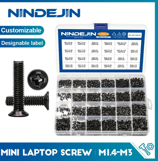 NINDEJIN Senkkopf-Phillips-Schraubenset aus Kohlenstoffstahl in Schwarz, 720 Stück (M1,4 M1,7 M2 M2,5 M3) für Computer, Notebook und Laptop - Bild 1