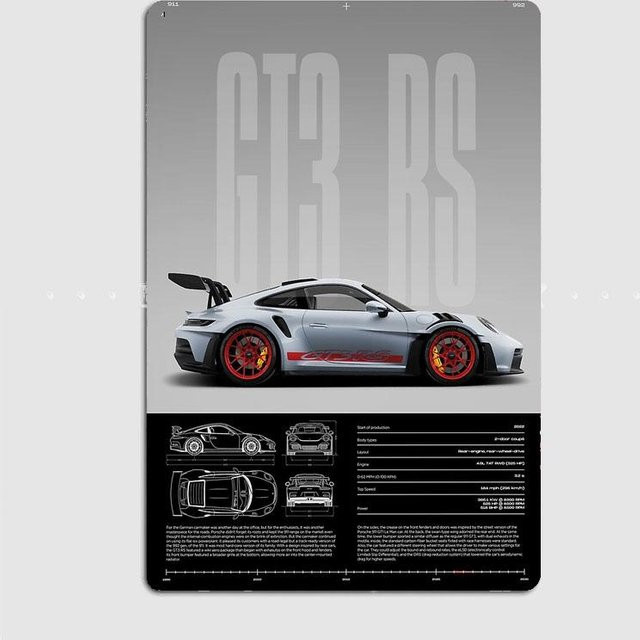 ZX ART Metall Wandschild Luxus Sportwagen 911 GT3 RS Klassisches Zinn Poster Multicolor B: 40 cm, H: 30 cm - Bild 1