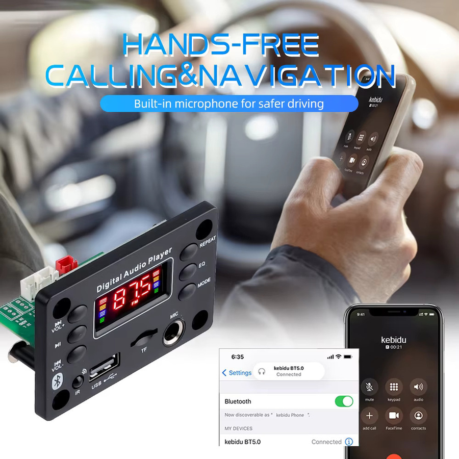 Kebidu 50W Bluetooth MP3 Decoder Board mit FM Radio, USB, TF und Mikrofon für Auto Lautsprecher, Schwarz - Bild 2