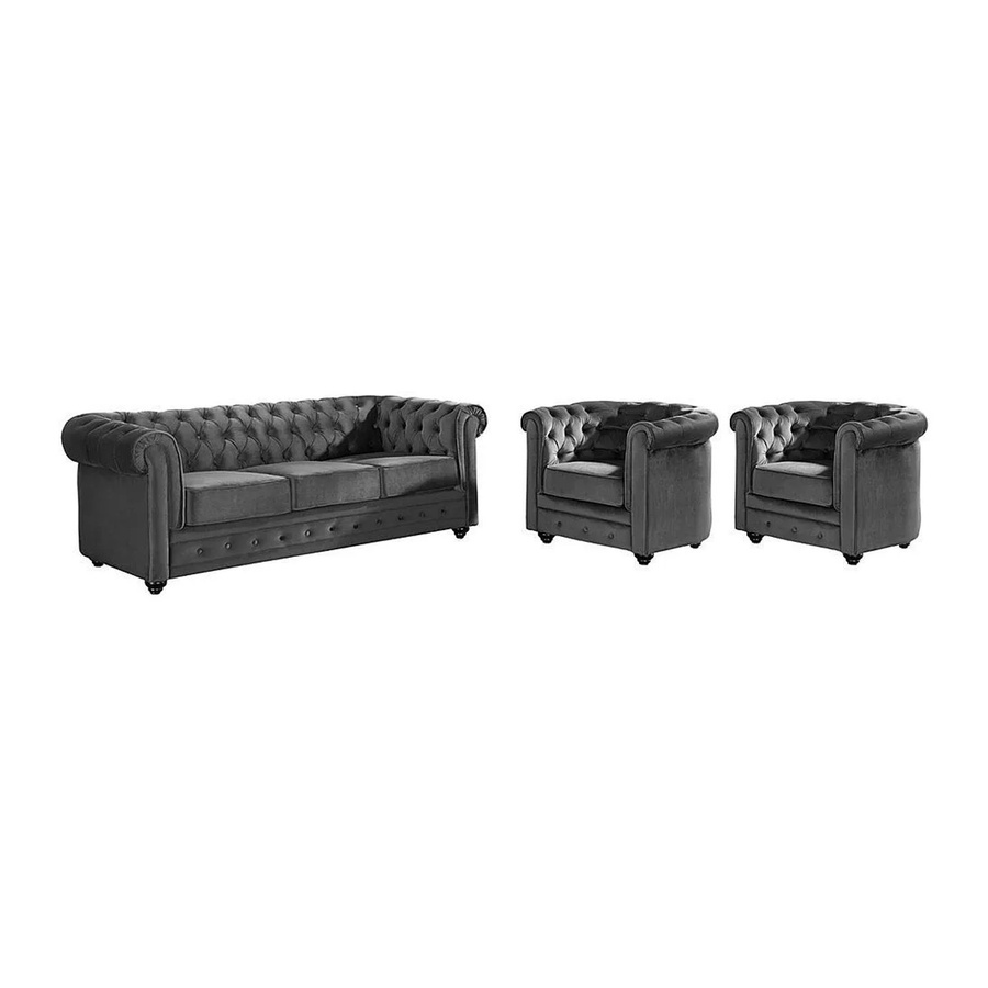 Vente-unique Chesterfield Couchgarnitur aus Samt in Anthrazitgrau bestehend aus 3-Sitzer-Sofa, 2-Sitzer-Sofa und Sessel mit Breite: 205 cm, Tiefe: 82 cm - Bild 2