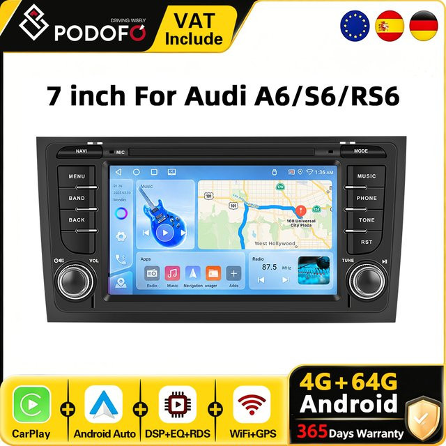 Podofo Android Autoradio mit 7 Zoll Display, 4G+64G, für Audi A6 C5 1997-2004, S6 1999-2004 und RS6 2002-2006, inklusive kabellosem CarPlay, Android Auto, GPS-Navigation, WLAN und Bluetooth, Schwarz - Bild 1