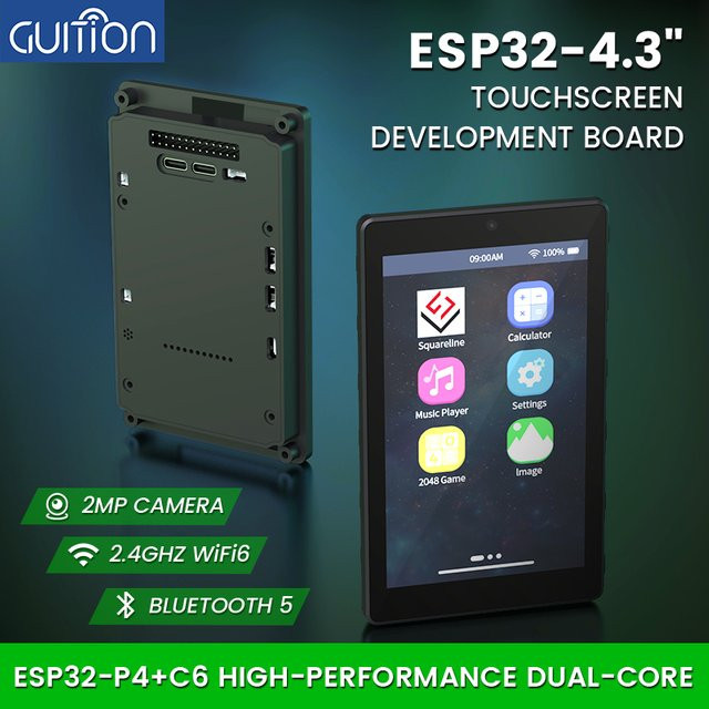 GUITION ESP32P4 und ESP32-C6 Entwicklungsboard mit 4,3 Zoll IPS kapazitivem Touchscreen, Kamera und Shell in Schwarz - Bild 1