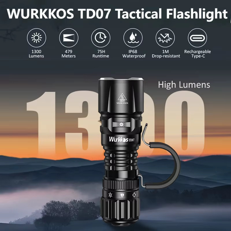 Wurkkos TD07 Taktische Taschenlampe Schwarz mit 1300 LM, 479 m Reichweite, IP68 Wasserdicht, 18350 Akku, Doppelschalter und Ringgriff - Bild 2