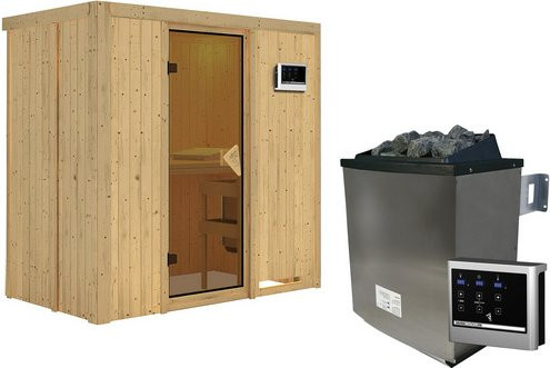 Karibu Sauna Pärnu aus Fichtenholz inklusive 9 kW Saunaofen mit externer Steuerung für 2 Personen, Farbe: beige, B/T/H: 198 x 118 x 196 cm - Bild 1