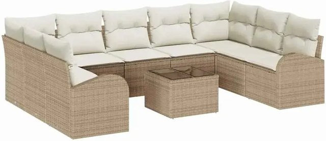 vidaXL Garten-Sofa-Set 10-teilig aus Poly-Rattan in Beige mit Polsterkissen und Tisch in U-Form - Bild 1