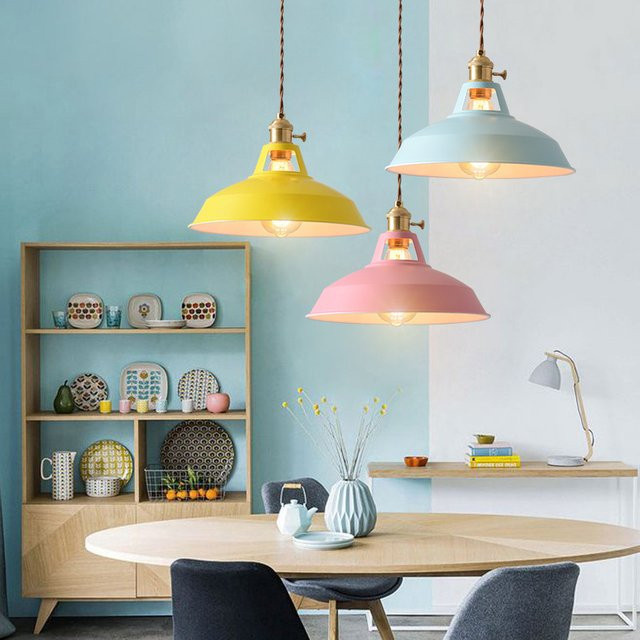 Moderne runde Pendelleuchte aus Metall in Macaron-Farben mit E27 Fassung und Knopfausschalter für dein Esszimmer - Bild 1