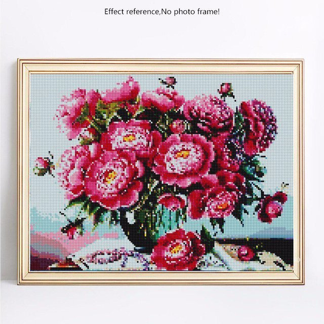 Diamant-Malerei FIYO mit floralem Blumenmotiv in Pink, Diamant-Stickerei mit runden Steinen auf Leinwand, B/H: 20 x 30 cm - Bild 1