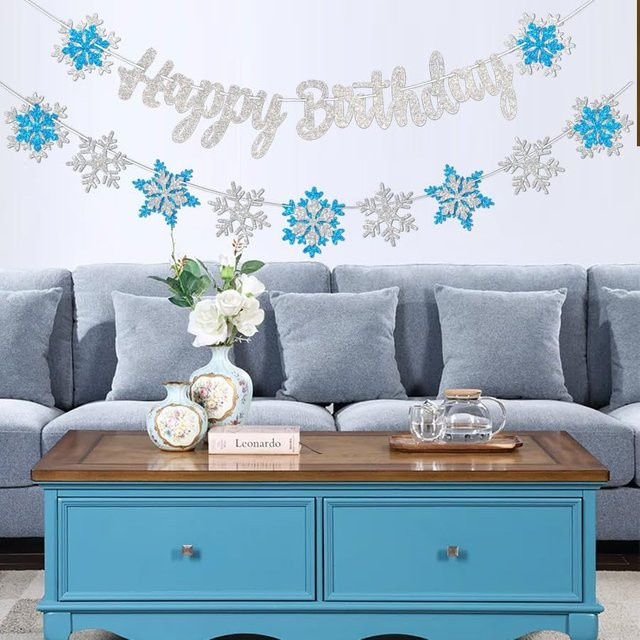 EsenTroye Geburtstag Banner Winter Wunderland in Blau und Weiß mit Schneeflocken-Glitzer-Design - Bild 1