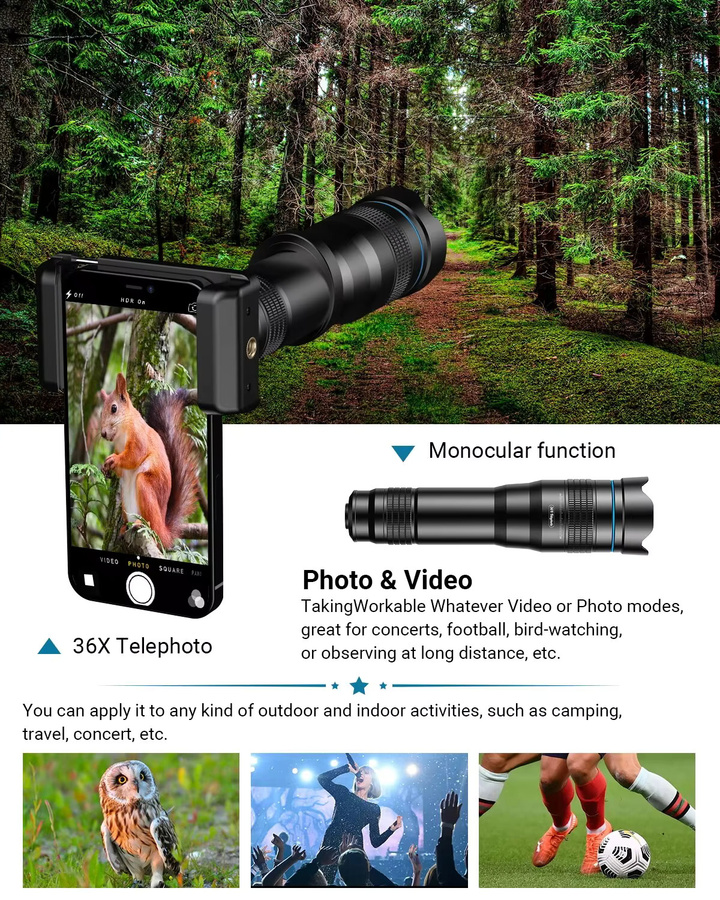 Apexel 36x Tele-Zoomobjektiv mit Universal-Clip aus Metall für iPhone und Samsung in Schwarz - Bild 5