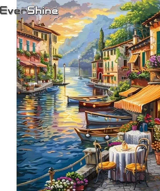 Evershine DIY Diamant-Mosaik Stadtlandschaft mit Schiff und Fluss, Wandkunst Set in Multicolour, B/H: 30 x 30 cm - Bild 1