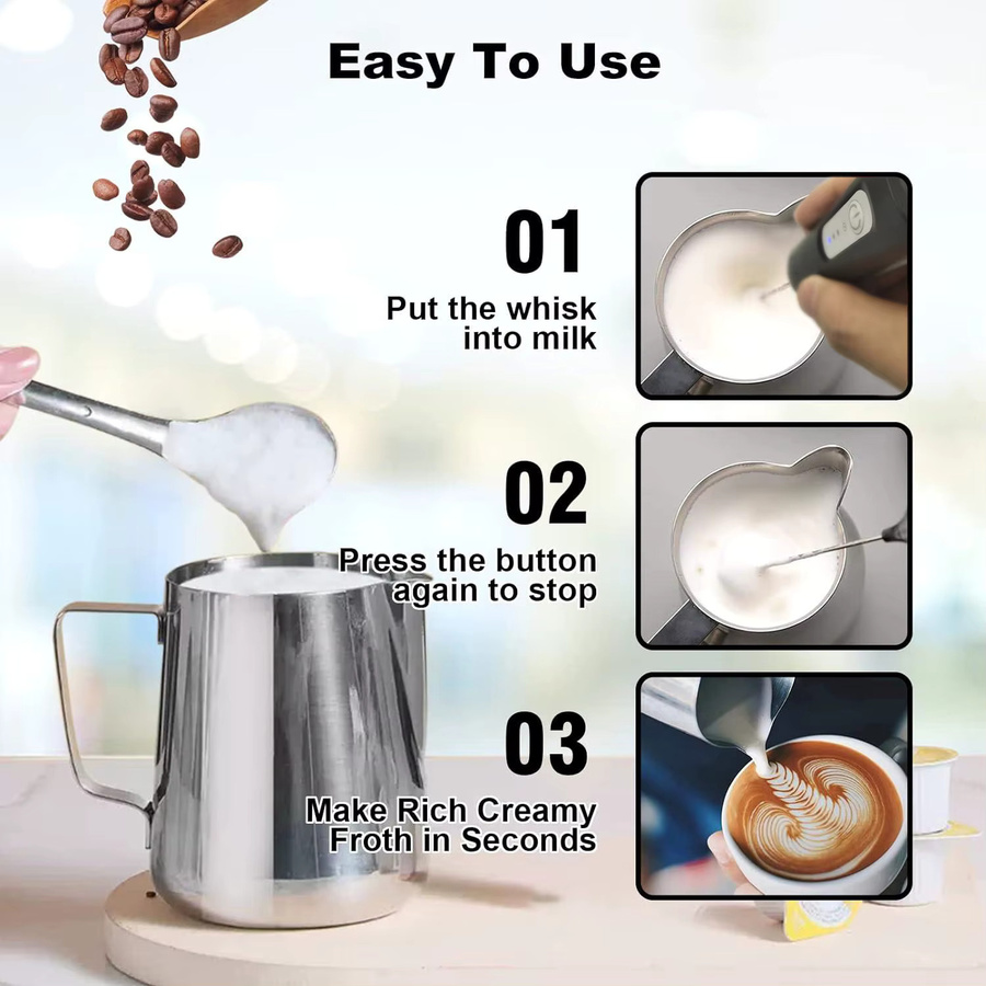 JIZHOU MINI Milchaufschäumer USB wiederaufladbar in Schwarz mit 3 Geschwindigkeiten als elektrischer Schaumbereiter und Kaffee-Mixer - Bild 3