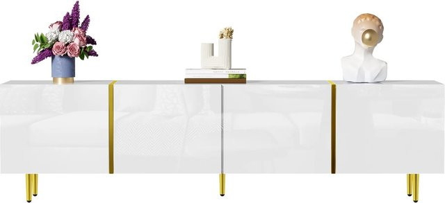 okwish TV Schrank mit 4 Türen in Hochglanz Weiß und Gold für dein Wohnzimmer, B/T/H: 170 x 46 x 35 cm - Bild 1