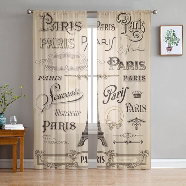 Yiran Furniture Chiffon Vorhang Paris Motiv mit Eiffelturm und roten Lippen, transparent, B: 50 cm, H: 130 cm, 2er-Set inklusive Haken - Bild 1