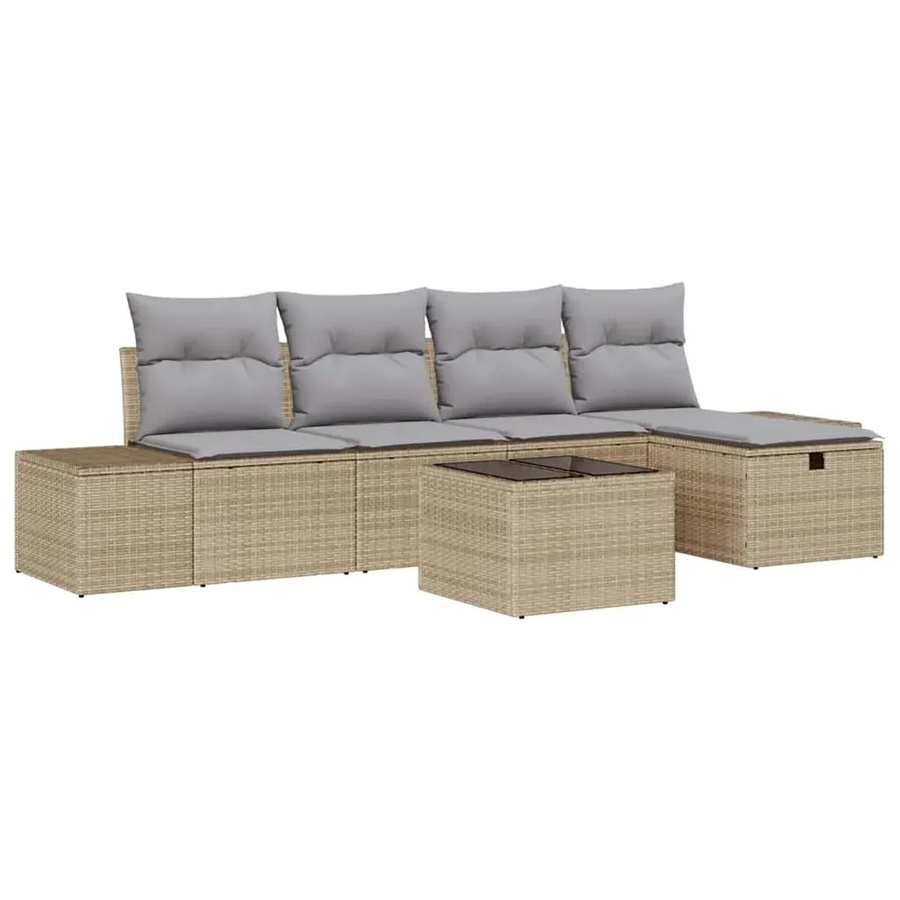 vidaXL Garten-Sofa-Set aus Poly-Rattan in Beige, 6-teiliges Outdoor-Möbelset mit Kissen, 2-Sitzer-Sofa, Ottoman und Couchtisch - Bild 2
