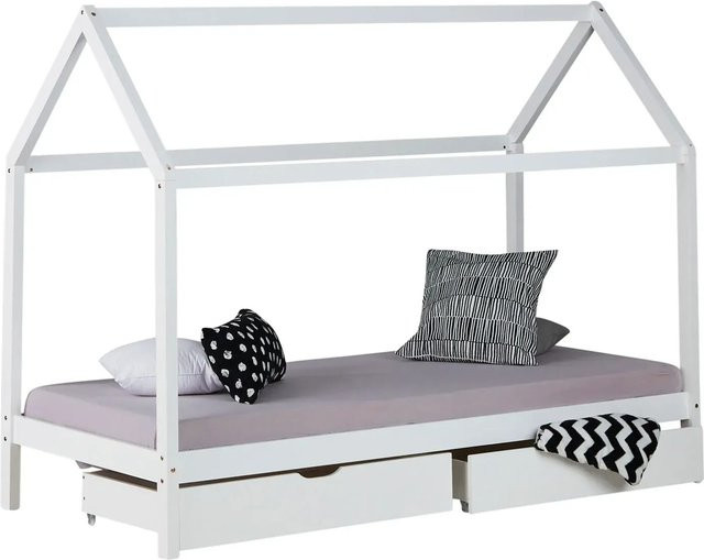 Homestyle4u Hausbett aus Massivholz Kiefer in Weiß mit Matratze und Bettkasten mit Schubladen, B/T/H: 90 x 200 x 206 cm - Bild 1