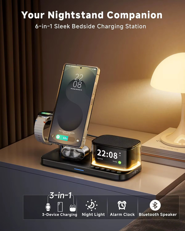 XIKCU 7-in-1 Magnetische 25W Kabellose Ladestation mit Bluetooth-Lautsprecher für iPhone 16-17 Pro Max, Apple und Samsung Watch, Schwarz - Bild 4