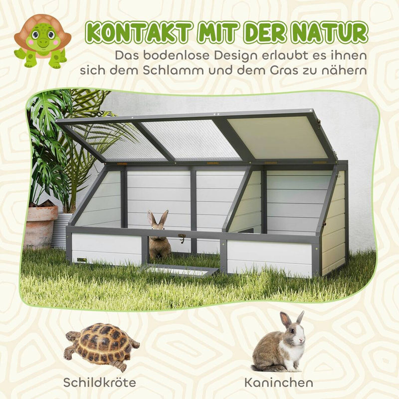 PawHut Schildkrötenhaus aus Holz in Weiß mit zwei Haupthäusern und aufklappbarer Oberseite, Outdoor Reptiliengehege für Kleintiere und Kaninchen, B/T/H: 120 x 55 x 50 cm - Bild 2