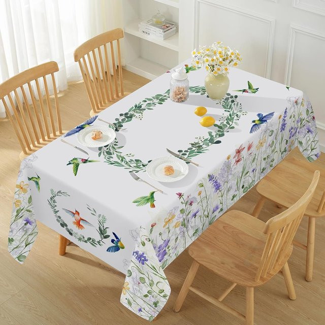 Beau Maison Tischdecke mit Frühlings-Wildblumen und Vögeln, Weiß, B/B: 140 x 140 cm - Bild 1