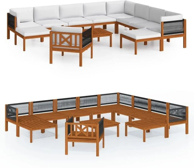 vidaXL 12-teiliges Garten-Lounge-Set aus Akazienholz und Seil in Cremeweiß mit Polsterkissen - Bild 1