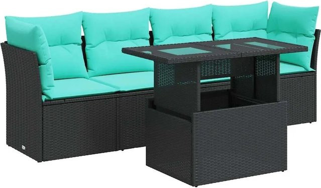 vidaXL 5-teilige Garten-Sofagarnitur aus Poly-Rattan und Akazie in Schwarz mit Kissen - Bild 1