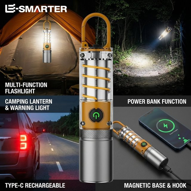 ESMARTER Teleskopische LED-Taschenlampe mit Zoom und Haken, Wasserdicht, Silber - Bild 1