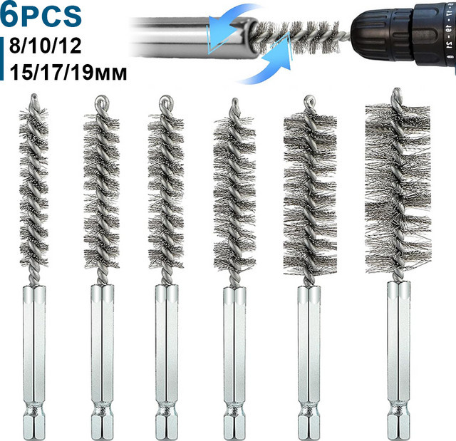 6-teiliges Edelstahl-Reinigungsbürsten-Set in Silber mit 1/4 Zoll Sechskantstange für Bohrmaschinen und Schlagschrauber (8/10/12/15/17/19 mm) - Bild 1