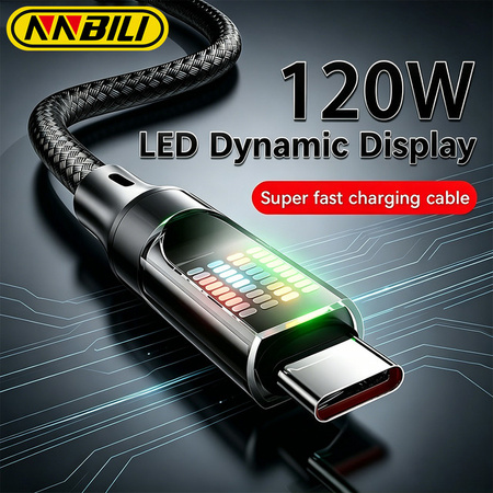 NNBILI 120W Typ-C Schnellladekabel 6A USB-A auf USB-C Datenkabel mit LED-Anzeige in Schwarz