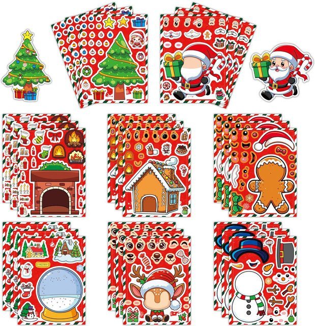 8 Blatt Niedliche Cartoon-Weihnachts-Puzzle-Aufkleber zum Basteln und Gesichter-Machen als Lernspielzeug in Mehrfarbig - Bild 1